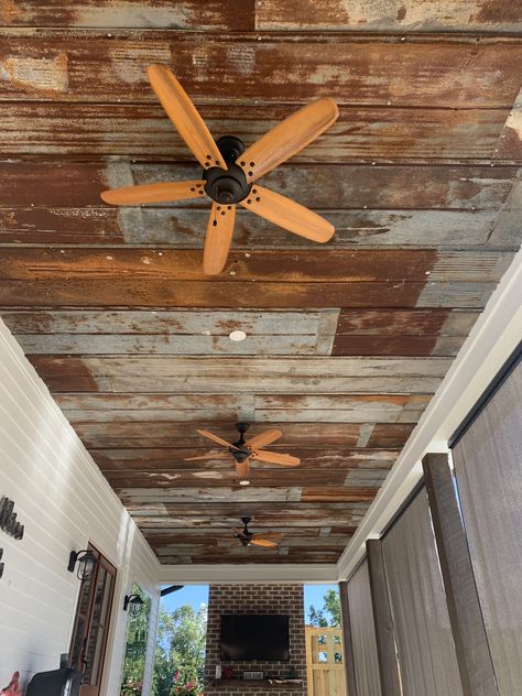 Tin Roof Back Porch, Tin Ceiling Lighting Ideas, Old Tin On Ceiling, Tin Decorating Ideas Farmhouse, Reclaimed Tin Ceiling, Tin Ceiling Ideas Rustic Bedroom, Tin Roof Inside House, Old Tin Under Porch Roof, Rustic Metal Ceiling Ideas