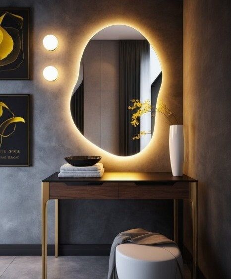 Irregular Mirror Bathroom, Bathroom Led Light, Bathroom Mirror With Led, Led Bedroom, Led Mirrors, Unique Mirror, Hallway Mirror, Entry Mirror, Light Mirror