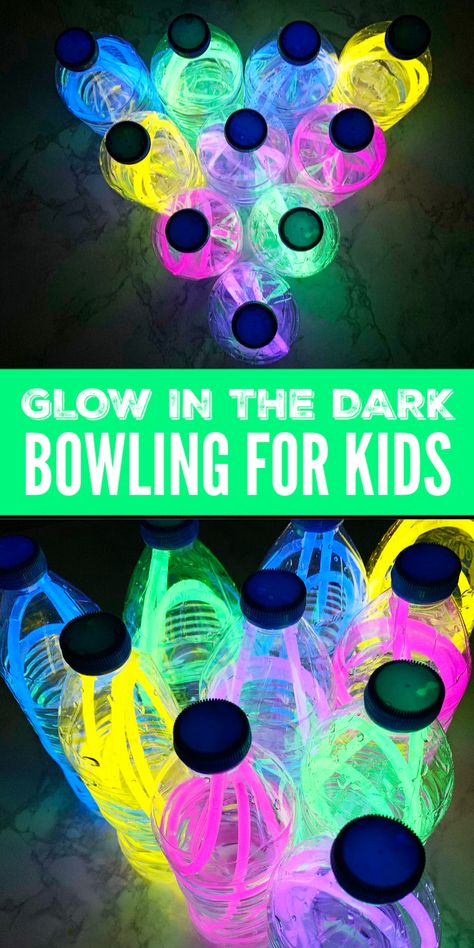 Glow in the Dark Bowling made from used water bottles and glow in the dark necklaces. A fun and easy indoor activity for kids that will make the evening loads of fun! #passion4savings #indoor #rainyday #activity #glowsticks #bowling #indoorbowling #diy #craft #activity Toddler Learning Activities, Glow In The Dark Bowling, Easy Indoor Activities, Fun Indoor Activities, Summer Fun For Kids, Lake Food, Indoor Activities For Kids, Indoor Fun, Activity For Kids