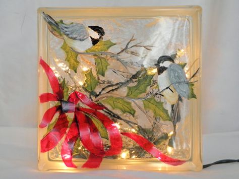 Glass Block LightChickadees and Red Ribbon by bestemancreations Refurbished Lamps, Painted Glass Blocks, Christmas Glass Blocks, Decorative Glass Blocks, Glass Block Crafts, Painting Glass, Block Painting, Painted Glasses, Block Craft