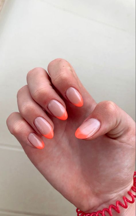 Pastel Orange French Tip Nails, Coral French Tips, Peach French Tip Nails, Coral French Tip Nails, Coral Acrylic Nails, French Tip Almond, Coral Nails, French Tip Acrylic Nails, Cute Summer Nails