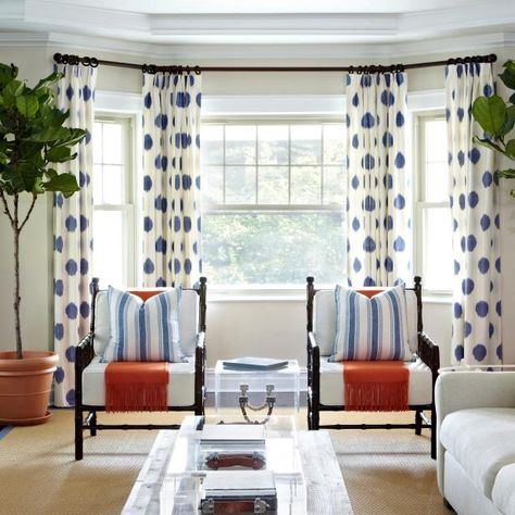 Lighten Up Your Home With These Eye-Catching Curtains >> http://www.hgtv.com/design-blog/design/lighten-up-your-home-with-these-eye-catching-curtains?soc=pinterest Bay Window Treatments, Polka Dot Curtains, Bay Window Curtains, Dining Room Curtains, White Carpet, Room White, Curtains Living, Neutral Living Room, Beautiful Curtains