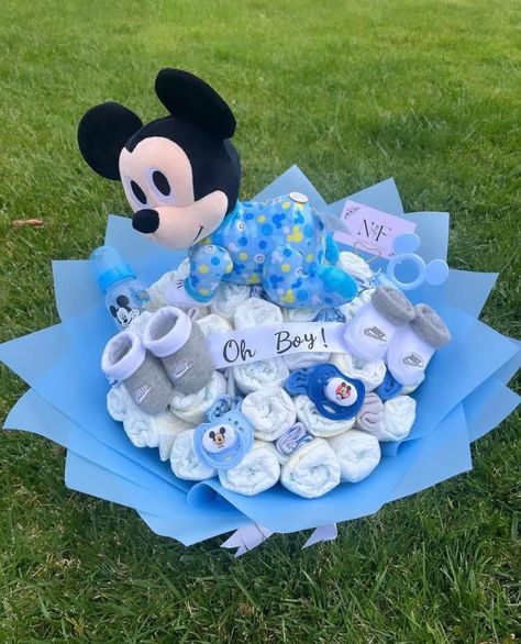 Baby Shower Bouquet, Shower Bouquet, Diaper Bouquet, Mickey Mouse Baby Shower, Baby Bouquet, Diaper Gifts, Baby Shower Baskets, Baby Shower Crafts, Baby Shower Gift Basket