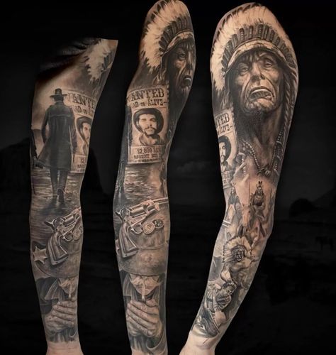 Realistic Western Tattoo, Cowboy And Indian Tattoo Sleeve, Realistic Cowboy Tattoo, Western Movie Tattoo, Mexican Cowboy Tattoo, Cowboy And Indian Tattoo, Apache Indian Tattoo, Outlaw Tattoos For Men, Native Indian Tattoos