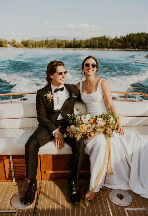 Ferry Boat Wedding, Boat Elopement Ideas, Wedding Yacht Ideas, Boat Wedding Party, Wooden Boat Wedding Photos, River Boat Wedding, Yacht Wedding Photos, Wedding Boat Party, Whitefish Montana Wedding