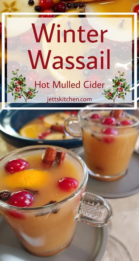 Winter Wassail Beverage; Hot Spiced Cider - Jett's Kitchen Christmas Hot Beverage Bar, Hot Alcoholic Drinks Crockpot, Alcoholic Wassail Recipe, Homemade Wassail Recipe, Crockpot Mulled Cider, Wassel Recipe, Wassle Recipe, Hot Alcohol Drinks, Hot Beverage Recipes