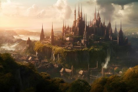 Dragon Kingdom Fantasy Art, Fantasy Kingdom Cities, High Fantasy Aesthetic, Kingdom Landscape, Scenery Inspiration, Kingdom Aesthetic, Dragon Kingdom, Kingdom Castle, City Environment