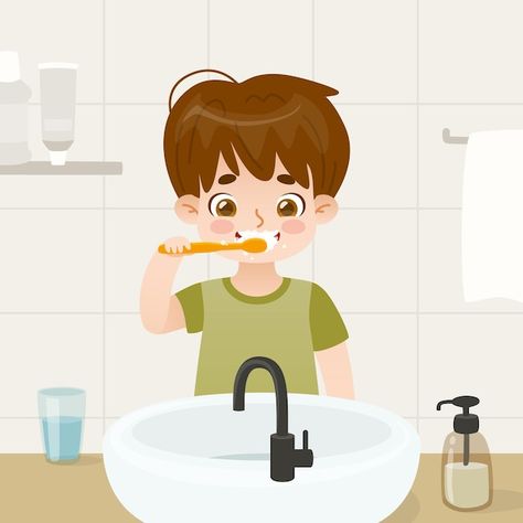 Vector a boy brushes teeth in the bathro... | Premium Vector #Freepik #vector #baby-tooth #kids-teeth #brushing-teeth #baby-teeth Brush Teeth Illustration, Kids Brushing Teeth, Teeth Clipart, Flower Lockscreen, Bathroom Drawing, Teeth Images, Teeth Illustration, Teeth Drawing, Perfume Dior