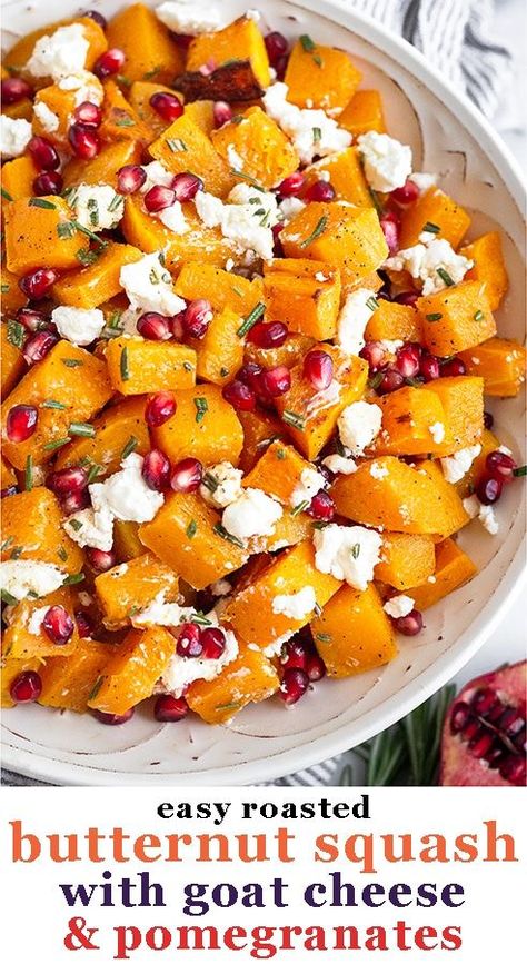 Roasted butternut squash combined with goat cheese, pomegranates, and rosemary makes an absolutely delicious, simple, and flavorful dish. It makes a healthy Thanksgiving and holiday side dish or is perfect for weeknight meals for fall and winter. Gluten-free and vegetarian. Last updated on November 12, 2020. This recip Christmas Side Dishes, Butternut Roasted, Butternut Squash With Goat Cheese, Spaghetti Squash Recipes Vegan, Thanksgiving Potluck, Christmas Side, Holiday Side Dish, Vegetarian Mexican, Thanksgiving 2020