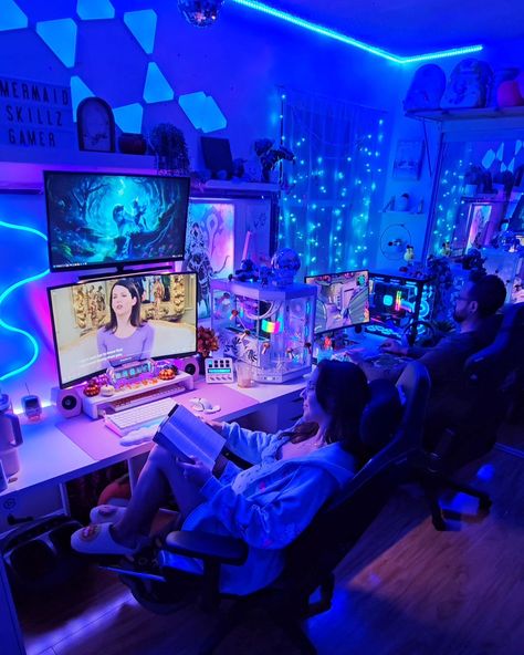 📖🎮When a book girly meets a gamer boy 🎮📖 #CoupleGoals #marriedlife #booktok #gamerlife #gameroom #couples #booklover #gaming Dual Gamer Room, Gamer Setup Boy, Matching Gaming Setup Couples, Gaming Room Multiple People, Pc Setup For Couples, His And Hers Gaming Setup Desks, Couple Gaming Room Setup Bedrooms, Playing Video Games Together Couples, Comfy Gaming Room Setup