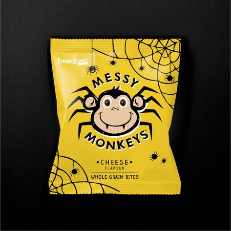 Creative Platform Sydney on Instagram: “MESSY MONKEYS Halloween - Brand Identity and Packaging Design @freedomfoods #color #packagingdesign #packaging #branding #design…” Halloween Scare Package, Spooky Package, Halloween Sucker Spiders, Halloween Snacks Packaged, Halloween Candy Packaging, Spider Bites, Brand Identity, Packaging Design, Packaging