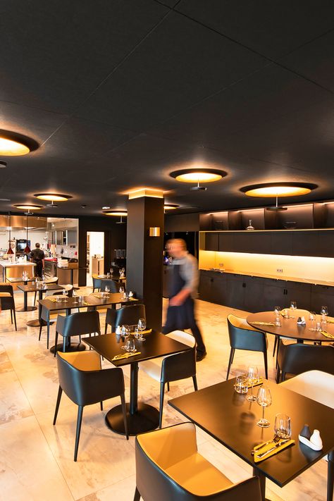 black acoustic ceiling tiles in modern minimal black restaurant design Black Ceiling Design, Acoustic Ceiling Tiles, Acoustic Ceiling, Heritage Hotel, Suspended Ceiling, Hunting Lodge, Black Ceiling, Material Palette, Ceiling Tiles