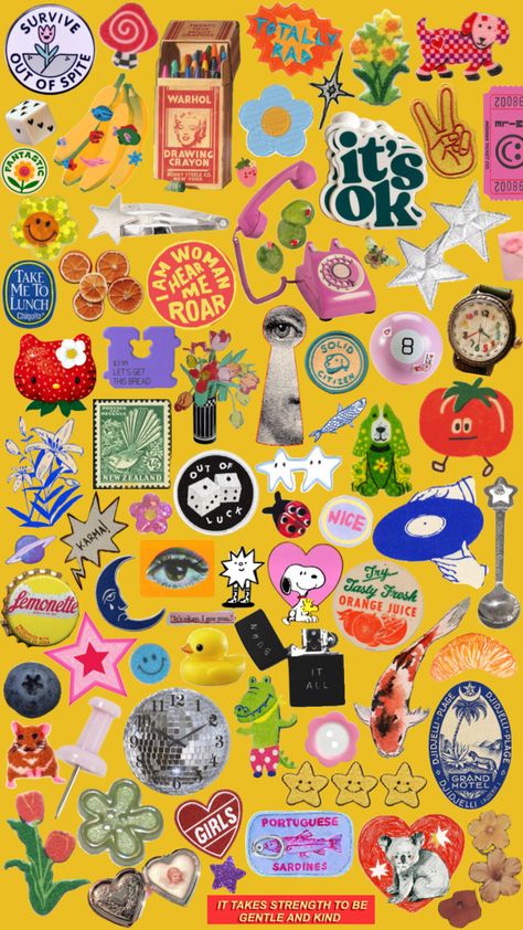 fun n funky colorful eclectic sticker collage #collageart #collage #eclectic #maximalist #funky #eclectic #fyp #fypshuffle Maximalist Collage, Funky Collage, Twee Aesthetic, 70s Childhood, Maximalist Wallpaper, Funky Room, Sticker Collage, Funky Aesthetic, Maximalist Aesthetic