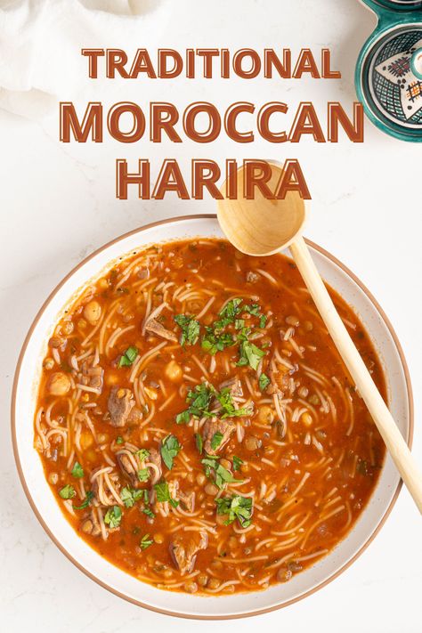 Moroccan Soup Harira, Harira Soup Morocco Recipe, Moroccan Harira Soup, Ramadan Soup Recipes, Harira Soup Morocco, Moroccan Food Traditional, Ramadan Soup, Morocco Recipes, Lamb Stew Meat