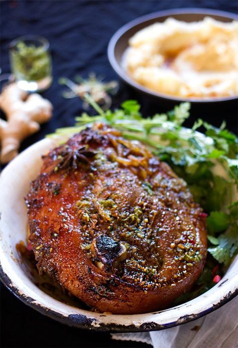 Pork Leg Recipes, Coriander Pesto, Pork Leg Roast, Pork Ideas, Basting Sauce, Pork Leg, Banting Recipes, Ginger Pork, Goat Meat