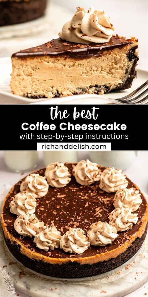 This coffee cheesecake is made with an Oreo crust, filled with coffee cheesecake filling, topped with chocolate ganache, and coffee whipped cream. Mini Coffee Cheesecakes, Coffee Cheesecake Recipes, Espresso Cheesecake, Fall Cheesecake, Coffee Whipped Cream, Holiday Recipes Christmas Desserts, Cappuccino Cheesecake, Baked Cheesecake, Coffee Cheesecake