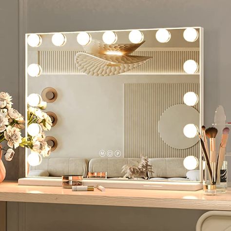 Light Bulb Mirror Bedrooms, Mirror For Makeup Vanity, Makeup Desk Light, Big Light Up Mirror, Make Up Vanity Lights, Vanity Light Bulbs Mirror, Wall Mounted Make Up Mirror, Dimmable Vanity Light, Vanity Light Up Mirror