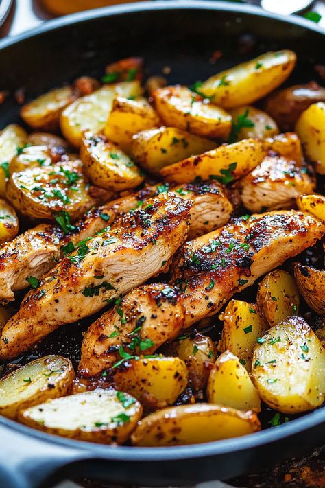 Garlic Butter Chicken and Potatoes Skillet Dinner Ideas With Roasted Potatoes, Chicken And Gold Potatoes Recipes, Spicy Chicken And Potatoes, Chicken Thigh And Potato Recipe, Chicken Potatoes Recipes, Skillet Dinner Ideas, Chicken Potato Skillet, Chicken Potatoes Green Beans, Chicken And Potato Recipes