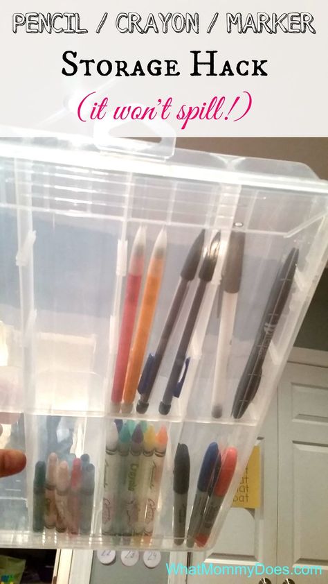 $3 Pencil / Marker / Crayon Craft Storage Hack That Won't Spill! This is a clever, cheap storage idea for the kids playroom - a way to store pencils & crayons & markers that won't spill! Here's how to get one. Art Pen Storage, Colored Pencil Storage Ideas, Pencil Storage Ideas, Marker Storage Ideas, Pen Storage Diy, Colored Pencil Storage, Crayon Organizer, Crayon Storage, Diy Art Supplies