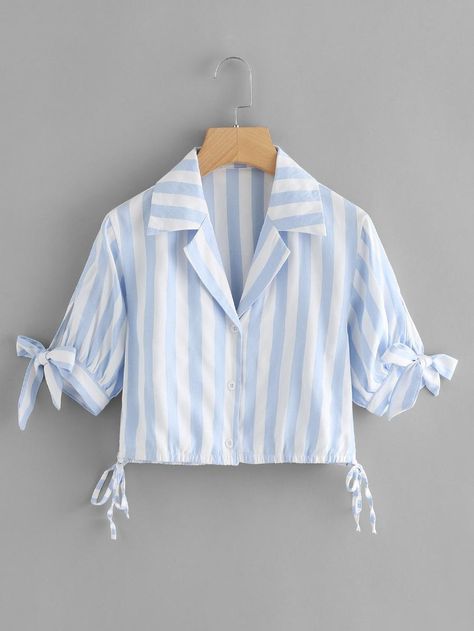 Knot Detail Striped Shirt -SheIn(Sheinside) Knot On Shirt, Korean Tops Design, Kemeja Korean Style, Striped Shirt Women, Cotton Kurti Designs, Everyday Fashion Outfits, Easy Trendy Outfits, Classy Casual, Classy Casual Outfits