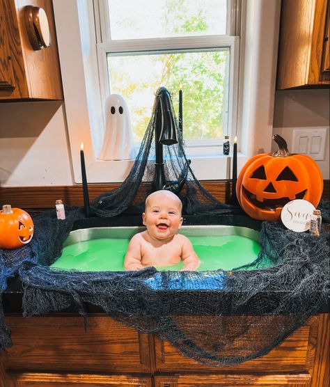 Baby girl Halloween milk bath photos | seven month milestone photos Halloween Pictures For Babies, Halloween Milestone Pictures, October Baby Photoshoot, Two Month Old Baby Pictures, Halloween Photoshoot Baby, Baby Halloween Photoshoot, Halloween Baby Photoshoot, Halloween Photo Ideas, October Photoshoot