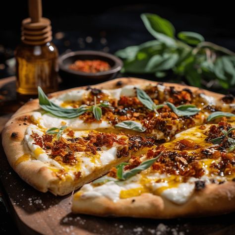 Napa Home Chef | This easy-to-make pizza is topped with creamy burrata, fresh basil, sweet honey, and spicy chili flakes. It's the perfect summer pizza! Savor Napa, Bite by Bite. White Pizza Topping Ideas, Brie Pizza, Buratta Pizza Recipes, Pizza Italian, Homemade Pizzas, Thanksgiving Pizza Ideas, Winter Flatbread, Sundried Tomato Pizza, Recipes With Burrata