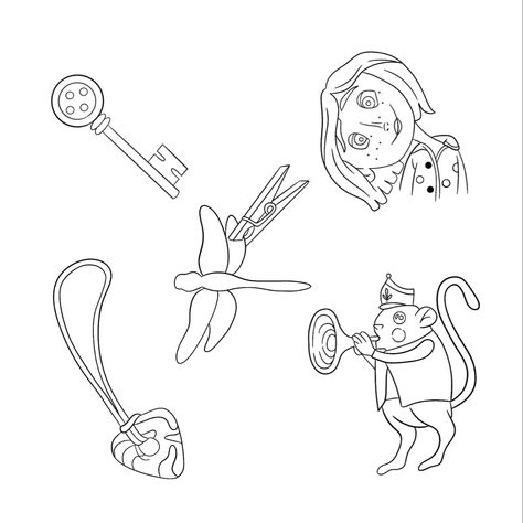 Coraline Tattoo Flash Sheet, Coraline Flash, Coraline Outline, Coraline Line Art, Dainty Coraline Tattoo, Simple Coraline Tattoo, Coraline Embroidery, Coraline Tattoo Black And White, Coraline Key Tattoo