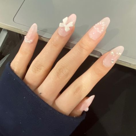 nails for spring, nails for summer, pink nails, nail inspo 2023 Korean Pink Nails Aesthetic, Cute Nails Acrylic Korean, Simple Nails Asian, Douyin Pearl Nails, Nail Inspo Regular Polish, Nail Decorations Ideas, Pink Nails Korean Style, Gel X Simple Design, Korean Nails Spring