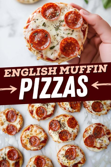 These quick and easy English muffin pizzas always hit the spot! Customize them with your favorite toppings, and enjoy personal pizzas in a matter of minutes. Easy Mini Pizzas, Mini Pizza On English Muffin, Pizza On English Muffin, Pizzawiches Recipe, What To Do With English Muffins, English Muffin Pizza Air Fryer, Pizza Muffins With Biscuits, English Muffin Pizza Oven, Recipes Using English Muffins