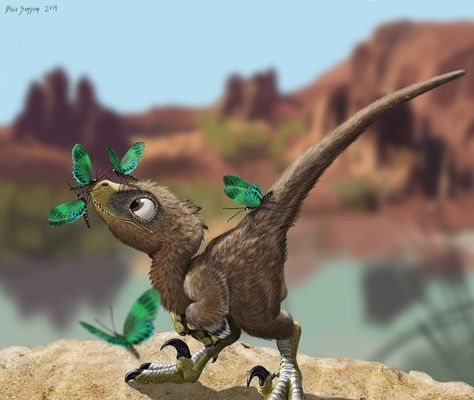 Velociraptor Baby Mobbed by Pretty Butterflies by Psithyrus on DeviantArt Feathered Dinosaurs, Pretty Butterflies, Dinosaur Tattoos, Funny Pigs, Prehistoric Art, Paleo Art, Extinct Animals, Cartoon Dinosaur, Dinosaur Art