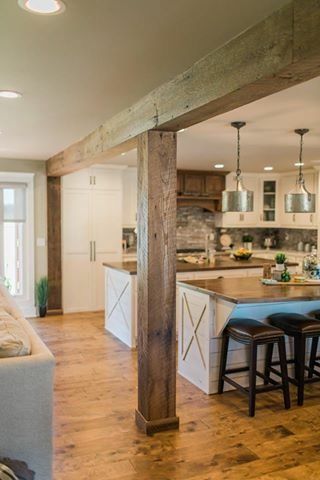 Pin by Gabby Shepherd on House ideas for 877 | Kitchen remodel small, Open kitchen and living room, Kitchen remodel Wooden Floors Living Room, Home Nails, Open Kitchen And Living Room, Nails Home, Wood Columns, Farmhouse Kitchen Remodel, Ideas For Living Room, Home Decor Living Room, Modern Farmhouse Kitchens