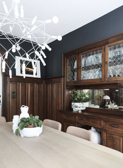 Dining Room Refresh, Dark Wood Trim, Wood Wainscoting, Dark Dining Room, Dining Room Paint, Wood Dining Room, Room Refresh, Dark Walls, Brown Walls