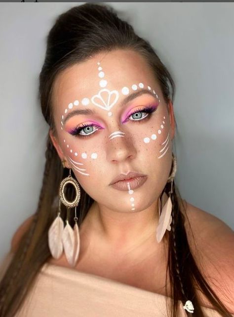 Aztec Makeup Ideas, Ecstatic Dance Outfit, Taino Face Paint, Festival Face Paint Ideas, Aztec Face Paint, White Face Paint Makeup, Burning Man Makeup, Native American Makeup, Face Paint Party