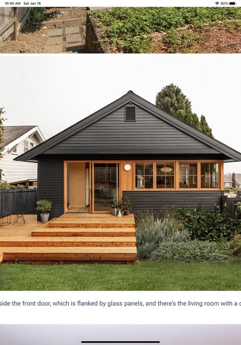 Small Dark House Exterior, Cedar Vertical Siding, Modern Cottage Style Homes, Pyay, 1920s Home, 1920s Bungalow, Wooden House Design, Black Houses, Bright Interior