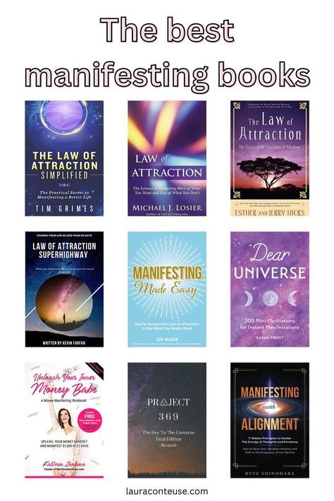 a pin that says The Best Manifesting Books Book Of Manifestations, The Law Of Attraction Book, Power Of Now Book, Best Books About Love, Manifestation Books Law Of Attraction, Manifest Now Book, Books For Manifestation, Manifesting Books To Read, Books Manifestation