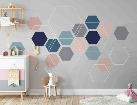 Wall Paint Designs Geometric, Wall Painting Geometric Patterns, Geometric Wall Stickers, Hexagon Wall Paint, Hexagon Painted Wall, Geometric Mural, Geometric Shapes Background, Geometric Wall Mural, Modern Wall Stickers