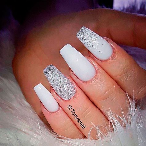 30+ Wonderful Ombre Nail Designs For Your Inspiration White Coffin Nails, French Pedicure, Gel Pedicure, Silver Glitter Nails, White Glitter Nails, White Acrylic Nails, Her Nails, Classy Acrylic Nails, White Nail Designs