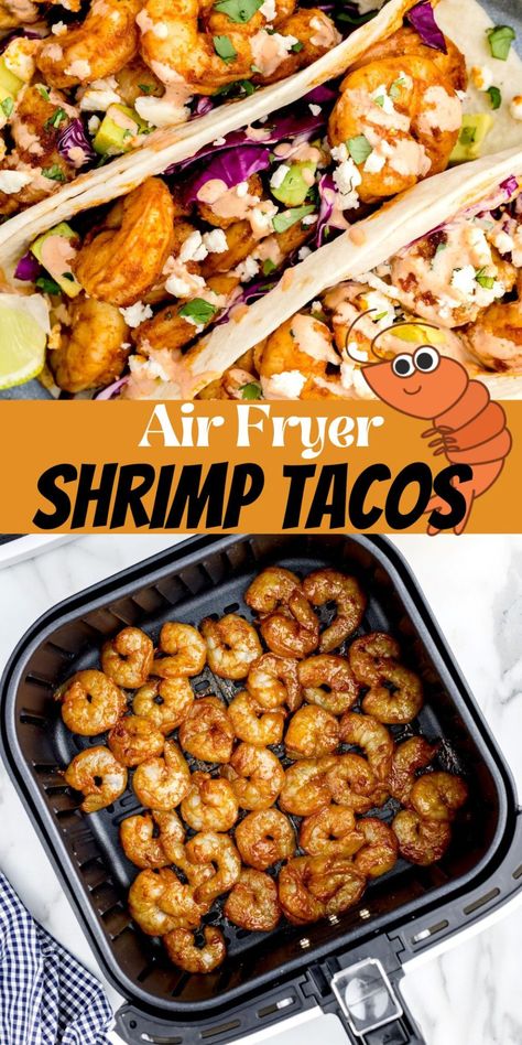 Shrimp Tacos In Air Fryer, Air Fry Shrimp Tacos, Shrimp Tacos Air Fryer Recipes, Air Fryer Shrimp And Sausage, Airfryer Shrimp Tacos, Dual Air Fryer Meals, Bang Bang Shrimp Tacos Air Fryer, Easy Summer Dinners Air Fryer, Summer Air Fryer Meals