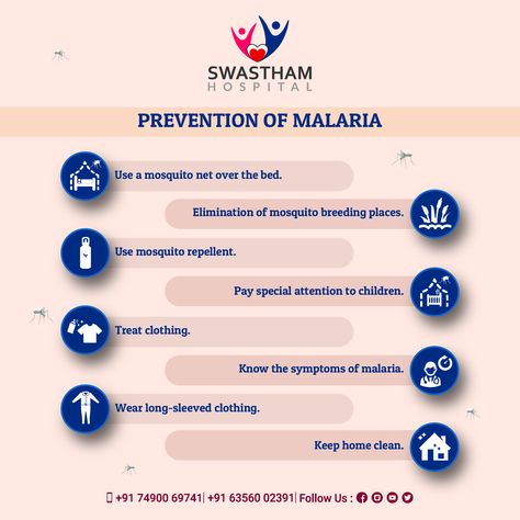 Take these steps for prevention of malaria for your and your family’s well-being and safety. #PreventMalaria #StaySafe #Prevention #SwasthamHospital Malaria Symptoms, Malaria Prevention, Health Equipment, Mosquito Repellent, Ads Creative, Social Media Graphics, Well Being, Disease, Social Media