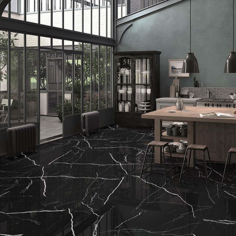 This black high gloss Fiume Lena Polished II Porcelain Tile is 24 x 48.This tile has inkjet print quality, which produces a high definition image that thoroughly covers the tile and results in a natural, authentic look. Straight or rectified tiles are cut so that they can be installed with minimal grout lines and give a very clean look. Use ceramic or porcelain tiles with a high-gloss finish to create a classic look. | Pianetto | Fiume Lena II Polished Porcelain Tile, 24 x 48, Black, 8.3 Thick - Black Marble Tile Bathroom Floor, Black Marble Floor Kitchen, Polished Concrete Floor Kitchen, Marble Tile Bathroom Floor, Black Tiles Kitchen, Black Marble Floor, Marble Floor Kitchen, Black Marble Tile, Marble Porcelain Tile