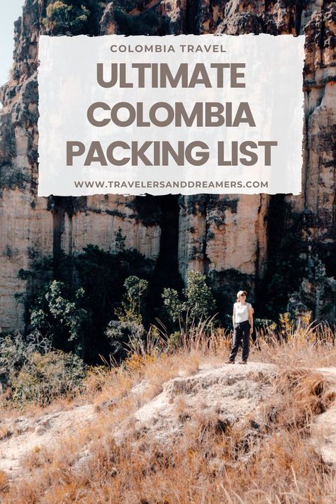 In this photo, you can see a woman standing on a mountain in Colombia wearing hiking clothes. The text says: Ultimate Colombia Packing List. Colombia Travel Guide, Colombia Travel, Packing List For Travel, South America Travel, Packing Tips For Travel, What To Pack, Travel Packing, America Travel, Travel Outfit