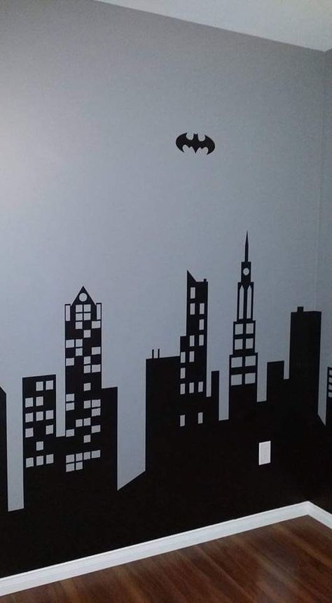 Santiago, Batman Bedroom Ideas For Adults, Batman Office Ideas, Batman Room Aesthetic, Batman Kids Room, Batman Themed Room, Room Wall Drawing, Batman Themed Bedroom, Batman Room Decor