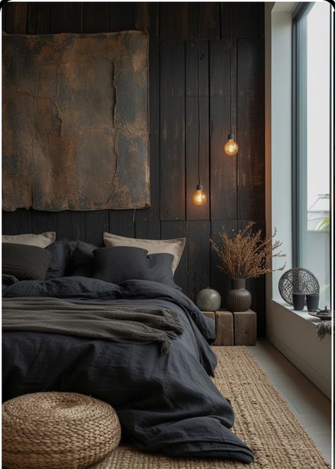 Charcoal Grey Bedding Ideas, Earthy Tone Bedding, Grey And Brown Bedding, Charcoal And Brown Bedroom, Charcoal Bedding Styling, Moody Gray Bedroom, Dark Gray Bedding Ideas, Charcoal Bedroom Walls, Charcoal Grey Bedroom Ideas