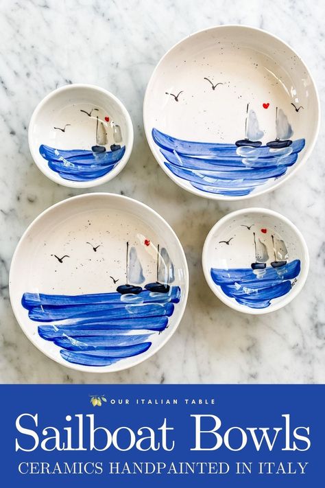 Ceramic Sailboat, Sailboat Pottery, Paint Bowls Ideas, Pasta Bowl Design, Ceramic Bowl Ocean, Ceramic Bowl Designs Paint, Handpainted Ceramic Bowls, Pottery Painting Sea Theme, Colorful Ceramic Bowls