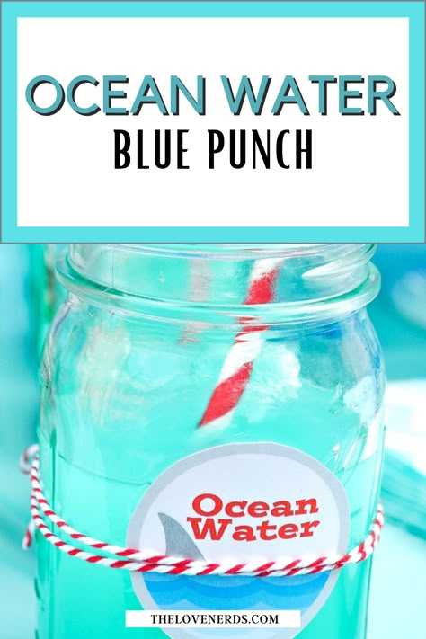 A simple yet flavorful Ocean Water Blue Punch! This large batch punch recipe is the perfect addition to any blue colored parties, such as a summer shark party! Blue Ocean Water Drink, Blue Hawaiian Punch Recipe Alcohol, Alcholic Drinks For A Party In A Pitcher Punch Bowls, Ocean Water Alcoholic Drink, Pond Water Punch Recipe, Blue Punch For Kids, Teal Punch Recipe, Ocean Water Drink Recipe, Blue Party Punch Non Alcoholic