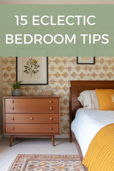 Design the perfect eclectic bedroom with these simple tips. Eclectic Bedroom Furniture Ideas, Article Bedroom Ideas, Eclectic Neutral Bedroom, Retro Guest Bedroom, Bedroom With Mismatched Nightstands, Small Vintage Bedroom Ideas, Eclectic Green Bedroom, Bedroom With Mismatched Furniture, Simple Eclectic Bedroom