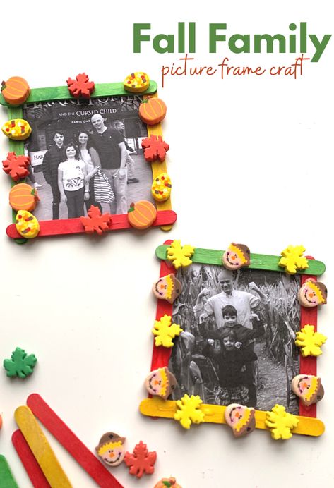 Family Picture Frame Craft - No Time For Flash Cards Thanksgiving Frame Craft, Family Picture Craft Preschool, Fall Picture Frame Crafts, Pumpkin Frame Craft, Family Crafts For Preschoolers, Family Crafts For Toddlers, Family Crafts Preschool, Preschool Family Theme, Popsicle Stick Picture Frame