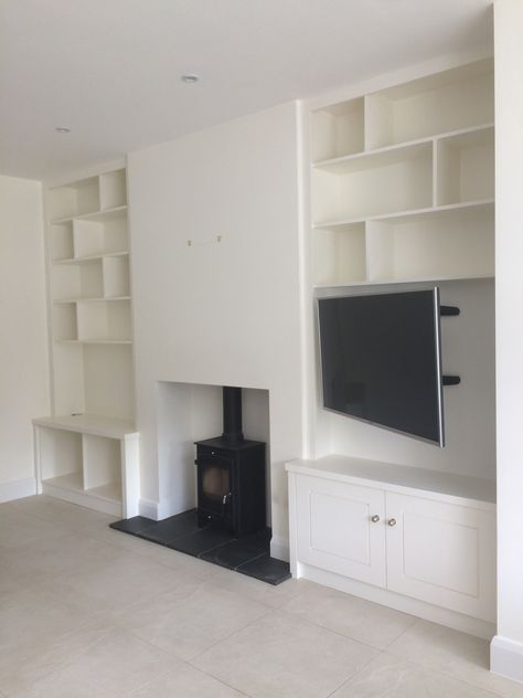 Tv Unit Ideas Living Room Alcove, Tv Cabinet Alcove, Tv Wall Alcove, Built In Tv Cabinet Alcove, White Built In Tv Cabinet, Alcove Shelves With Tv, Living Room Alcove Ideas Built Ins, Victorian Living Room Tv Ideas, Alcove Shelving Living Room Tv