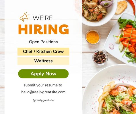 White Minimalist Restaurant Staff Hiring Facebook Post. Open Positions, Chef / Kitchen Crew, Waitress. #job #hiring #restaurant #staff #chef #kitchen #crew #waitress #minimalist #facebook #post #banner #poster Hiring Chef Poster, Hiring Poster Restaurant, Egg Tortilla, Minimalist Restaurant, Restaurant Staff, Hiring Poster, Open Restaurant, Chef Jobs, Restaurant Plan