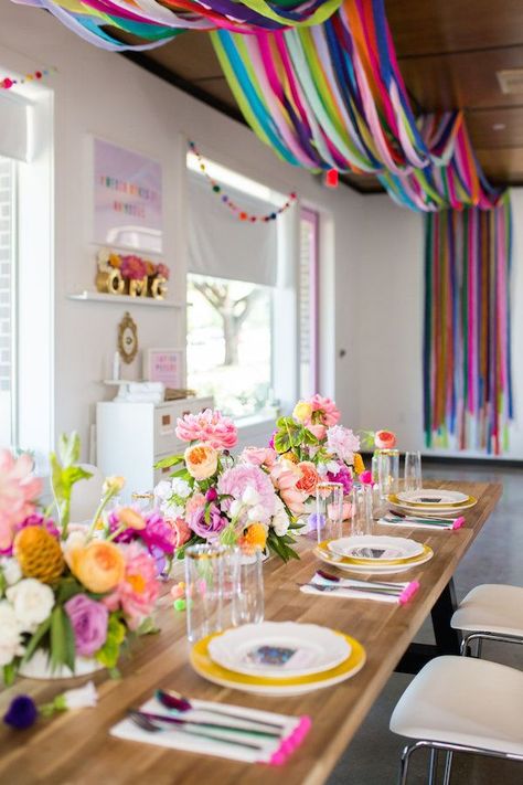 Lisa Frank-Inspired Rainbow Birthday Bash | The Perfect Palette Tule Decorations Party, How To Decorate Wedding Venue Walls, Inexpensive Party Ideas, Art Show Food Ideas, Rainbow Garden Party, Paint Can Diy, Diy Flower Decorations, Multicolored Wedding, Modern Fiesta